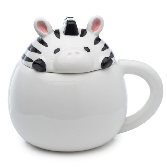 Tazza in Ceramica con Coperchio Sagomato - Zebra - Animali Dolci