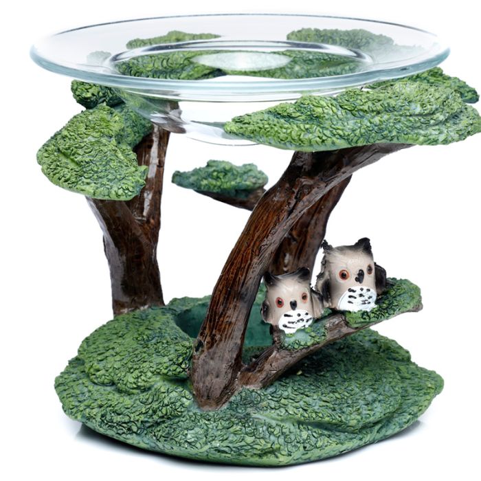 Brucia Essenze per Cera in Resina - Gufi - Piattino in Vetro