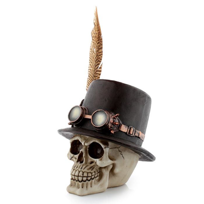Teschio Decorativo Steam Punk con Cappello e Piuma