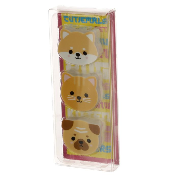 Set di 3 Gomme da Cancellare - Carlino, Gatto, Cane Shiba Inu