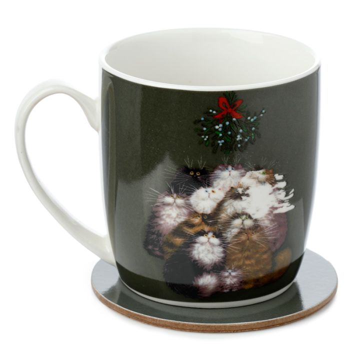 Set Tazza in Porcellana e Sottobicchiere - 12 Gatti - Kim Haskins Natale